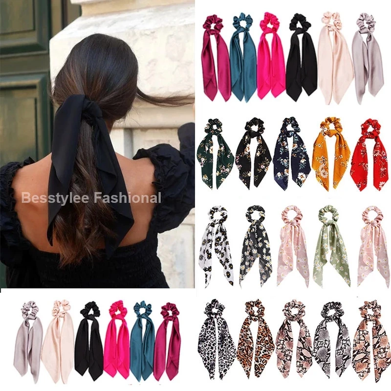 Top Trends: Flower Dots Silk Scarf Scrunchies Women Long Ribbon Tassel Elastic Hair Band Ponytail Holder Gum For Hair Ties Hair Accessories Shoppable Styles