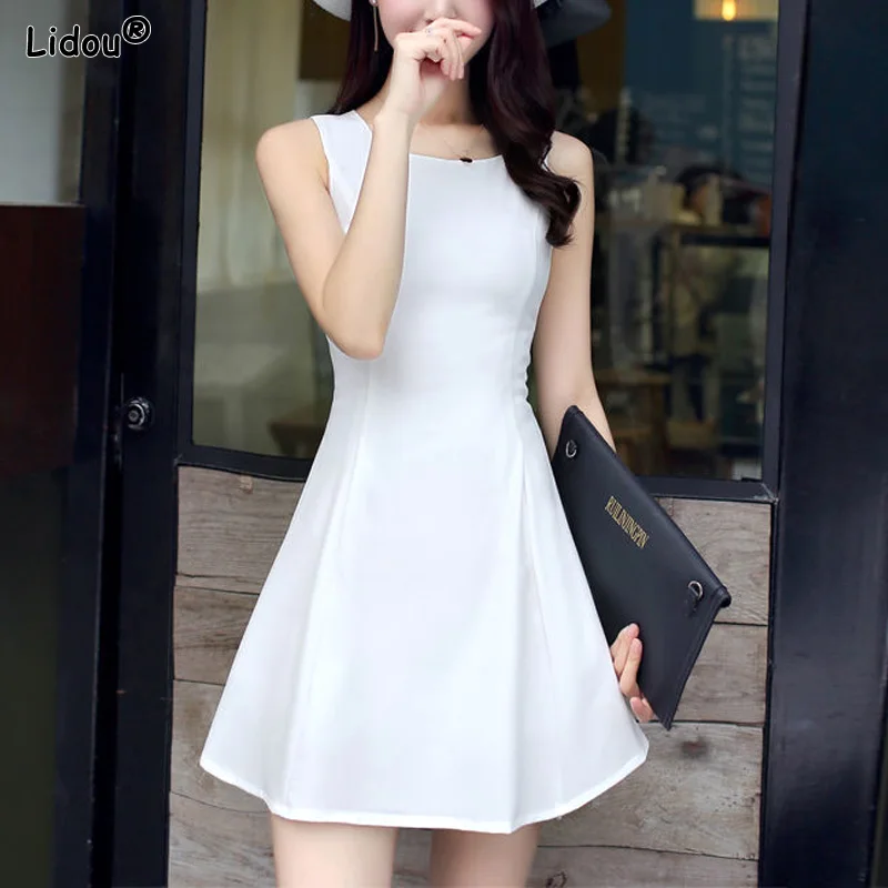 Top Trends: Sweet Dresses Intellectual Simplicity Sleeveless Round Neck Solid Color Mini Skirts Fashion Casual Women&#039;s Clothing Summer Thin Shoppable Styles