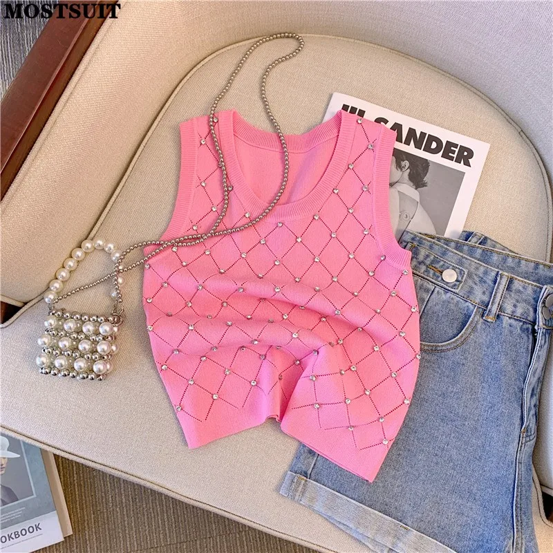 Top Trends: Diamonds Argyle Slim Knit Sweater Vest Women's Crop Tops 2023 Summer Sleeveless O-neck Knitwear Stylish Fashion Sexy Pullovers Shoppable Styles