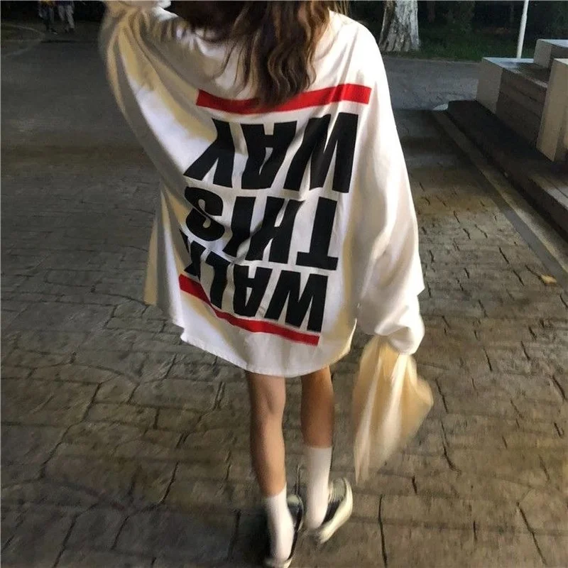 Top Trends: QWEEK Vintage Oversized T-shirts Women Streetwear Korean Fashion Letter Print Tshirt Tees White Long Sleeve Tops Kpop 2022 Shoppable Styles