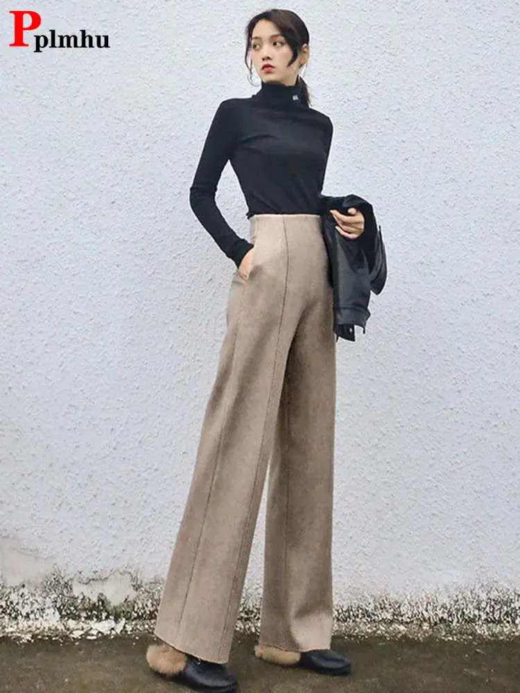 Top Trends: Super High Waist Wool Blend Pants Fall Winter Womens Warm Straight Trousers Loose Cashmere Thick Woolen Wide Leg Pantalones New Shoppable Styles