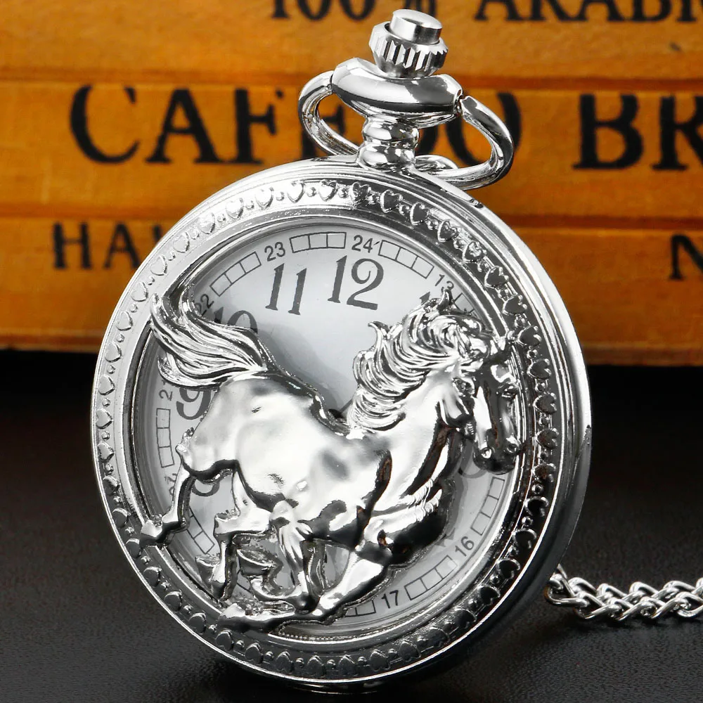 Top Trends: Retro Silver Horse Hollow Quartz Necklace Pocket Watch With Chain Pendant Steampunk Vintage Gifts Clock For Women Men Shoppable Styles