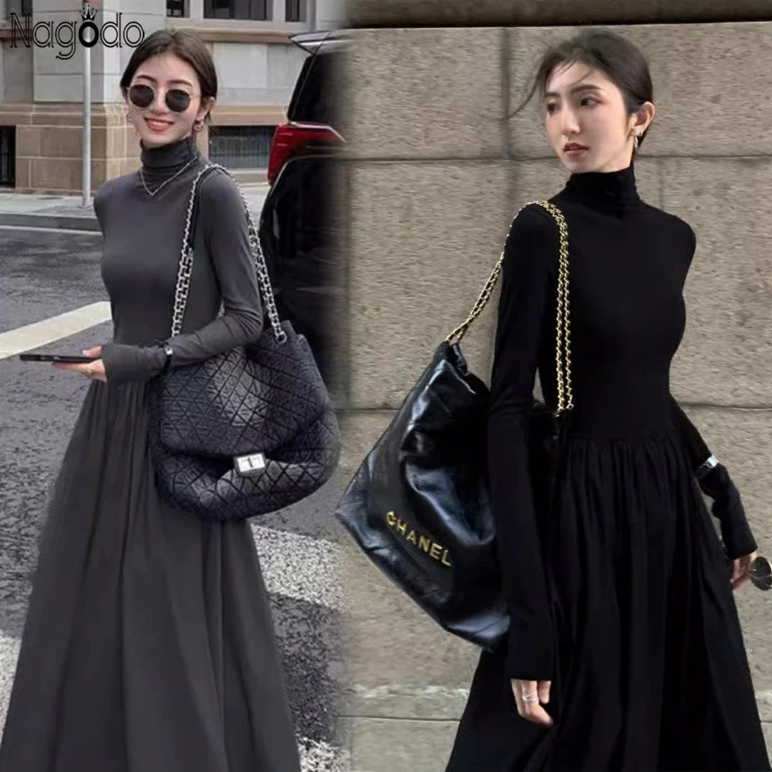 Top Trends: 2023 New Hepburn Black Gray Turtleneck Long Sleeve Dress Women Autumn Winter Slim Maxi Dresses Elegant Pretty One Piece Dress Shoppable Styles