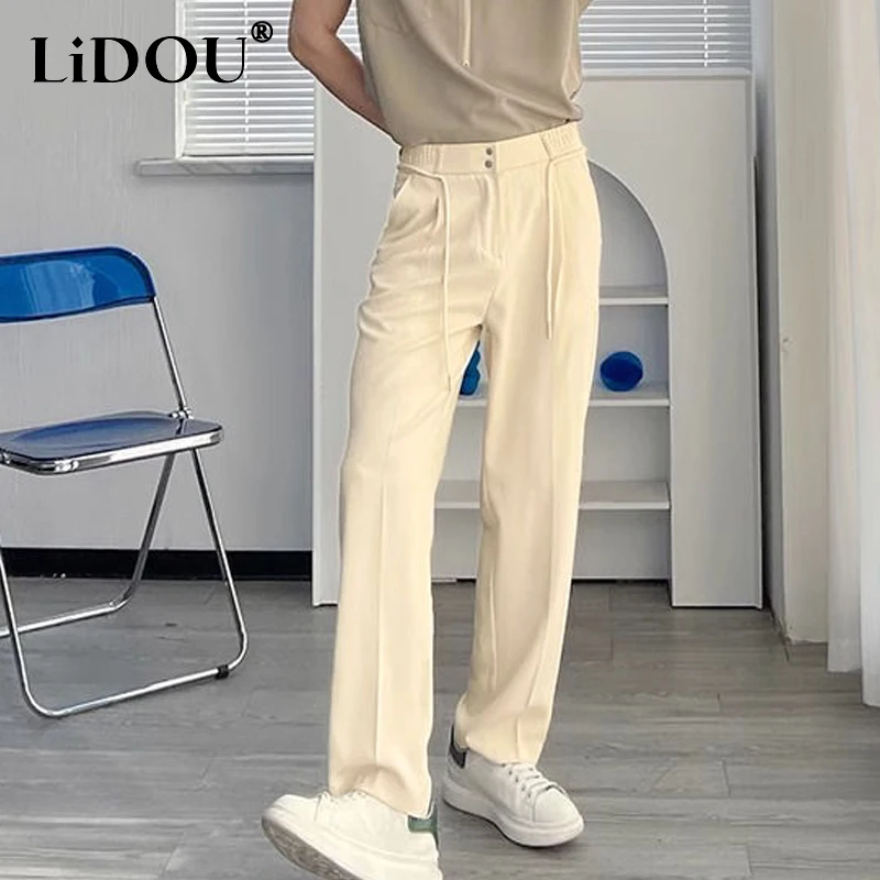 Top Trends: Spring Autumn Solid Color Fashion Elastic Waist Straight Pants Man High Street Zipper Button Pockets Harajuku Thin Suit Trousers Shoppable Styles