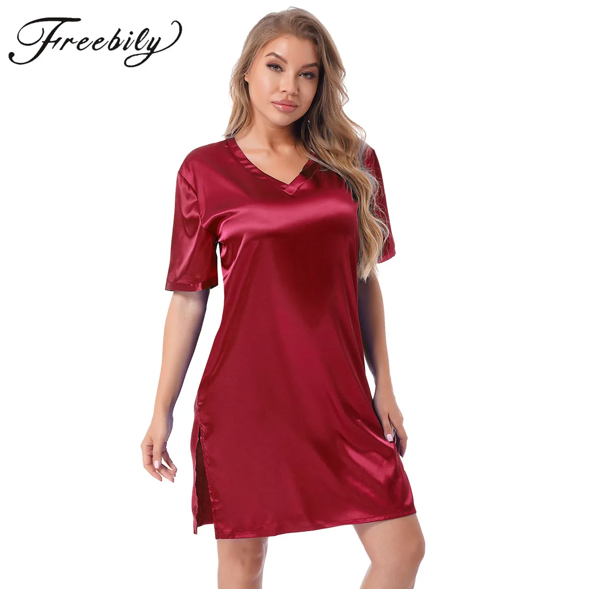 Top Trends: Womens Satin Nightgown Pyjama Sleep Tops Short Sleeve V Neck Sides Split Night Shirt Nightdress Sleepwear Loungewear Shoppable Styles