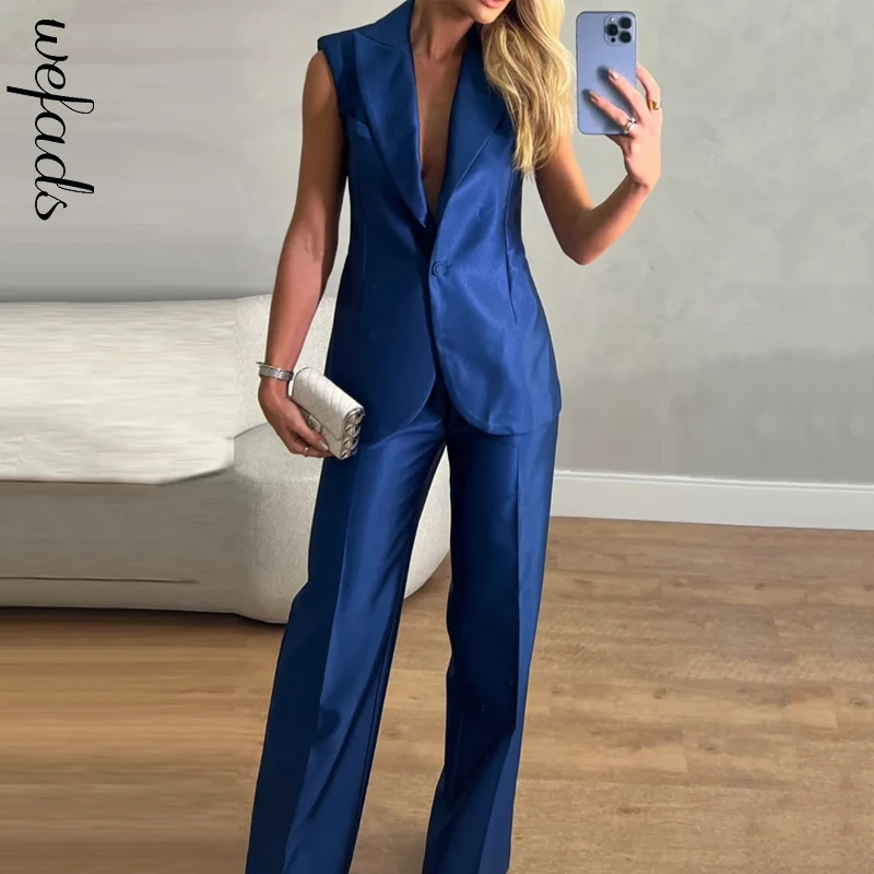 Top Trends: Wefads Women's Sets Summer Office Lapel V Neck Sleeveless Backless One Button Solid Vest Top Loose Pants Suit High Streetwear Shoppable Styles