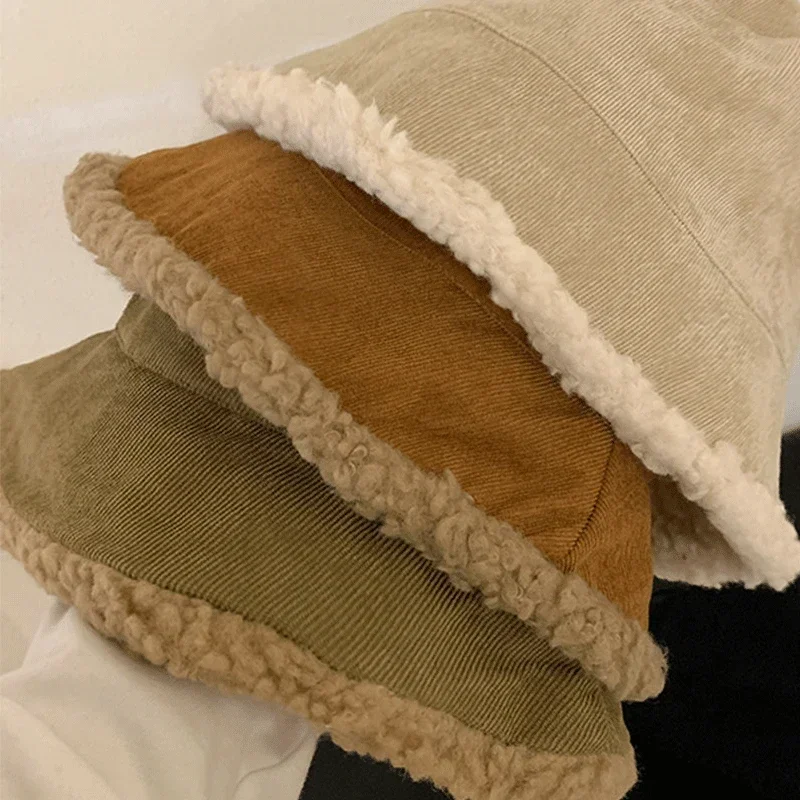 Top Trends: Autumn Winter Warm Bucket Hat Solid Fisherman Hat Corduroy Beanies Hats Reversible Hip-Hip Cap Soft Suede Lamb Wool Hunting Hat Shoppable Styles