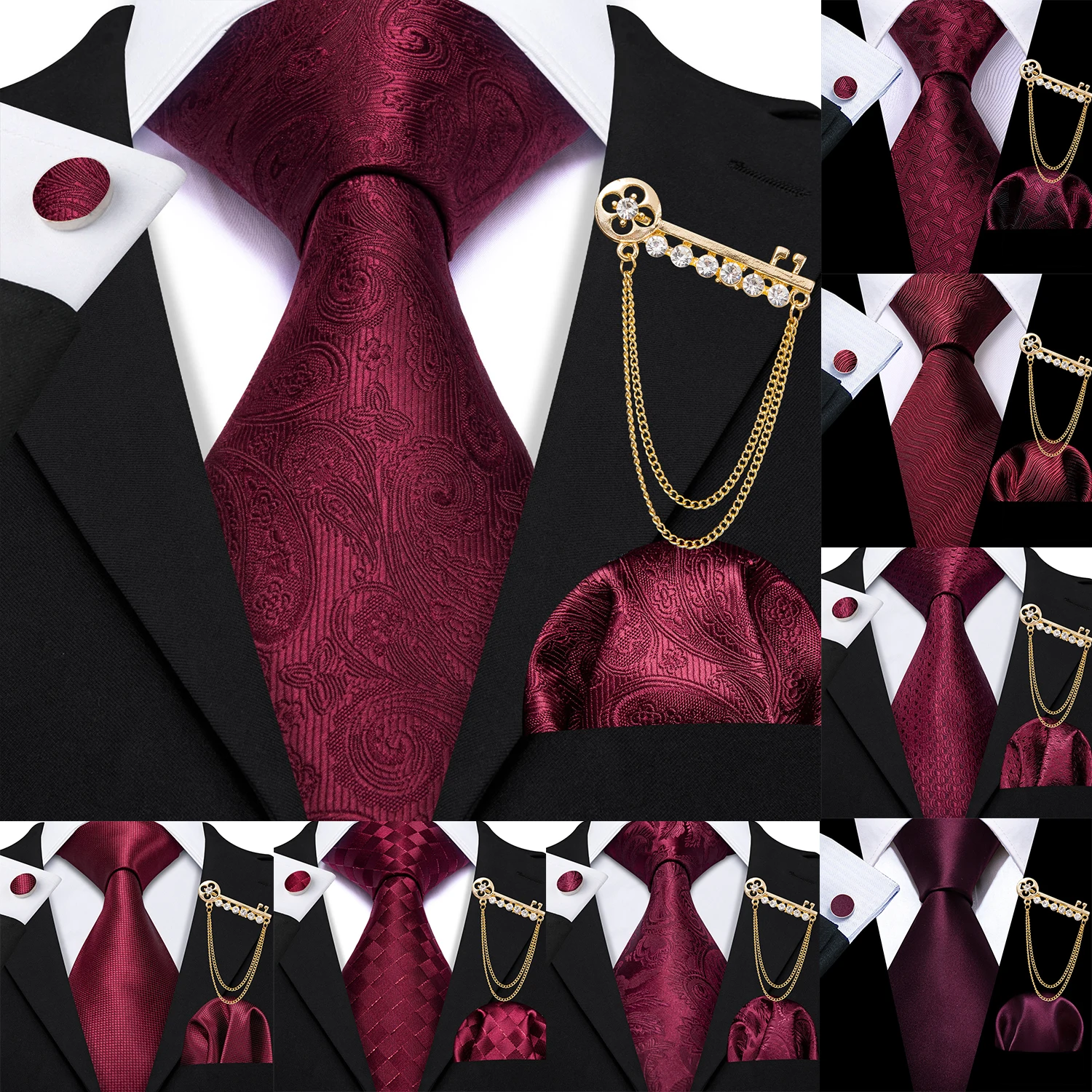 Top Trends: Barry.Wang Burgundy Silk Mens Tie Hanky Cufflinks Brooch Set Jacquard Red Wine Maroon Necktie Collar Pin For Male Wedding Events Shoppable Styles