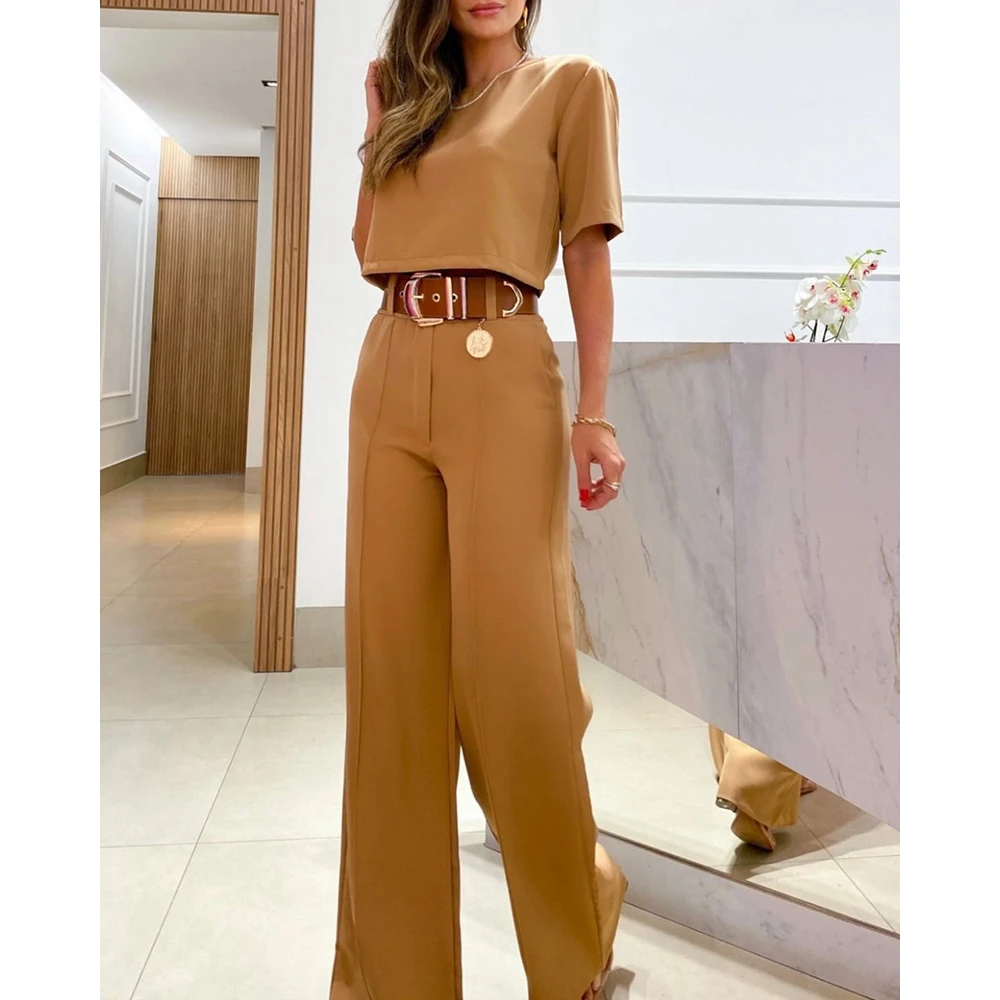 Top Trends: Casual Fashion Women Half Sleeve Crop T-shirt Wide Leg Pants Set Summer Femme Office Lady Two Pieces Suit Set Workwear Outfits Shoppable Styles