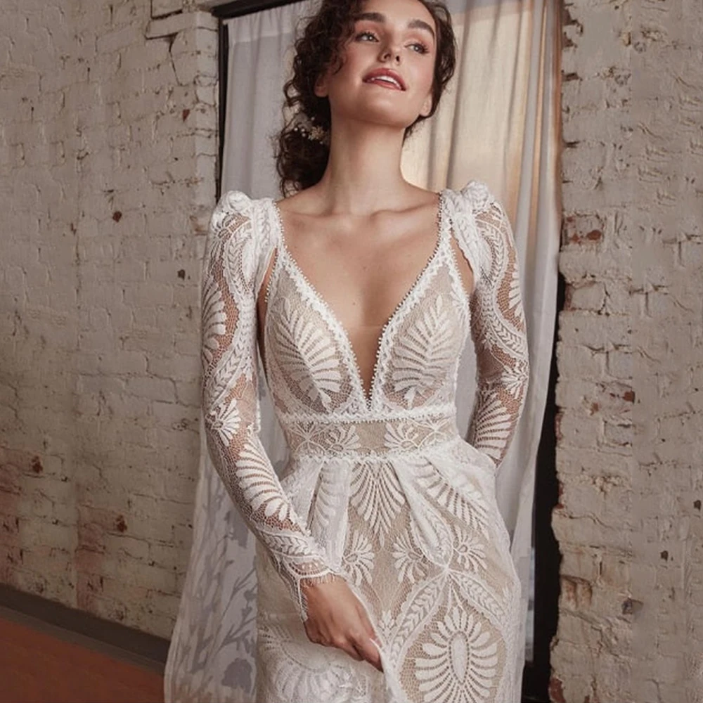 Top Trends: Exquisite Lace Deep V-Neck Backless Wedding Dress Boho Sexy Illusion With Long Sleeve Jacket Bridal Romantic A-Line Floor Length Shoppable Styles