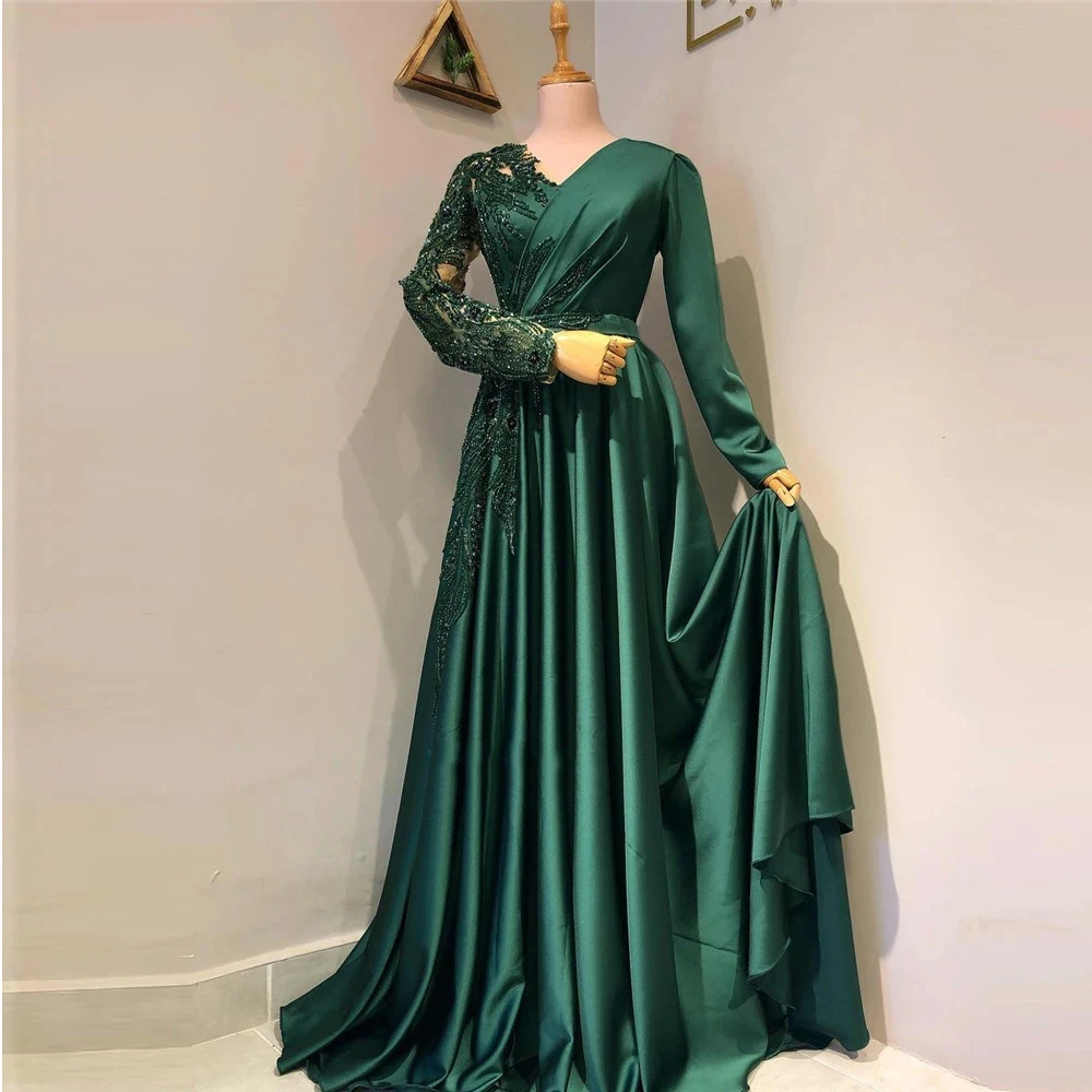 Top Trends: Emerald Green Evening Dresses A-Line Long Sleeve Elegant Women&#039;s V-Neck Lace Applique Princess Prom Gowns Formal Beach Wedding Shoppable Styles