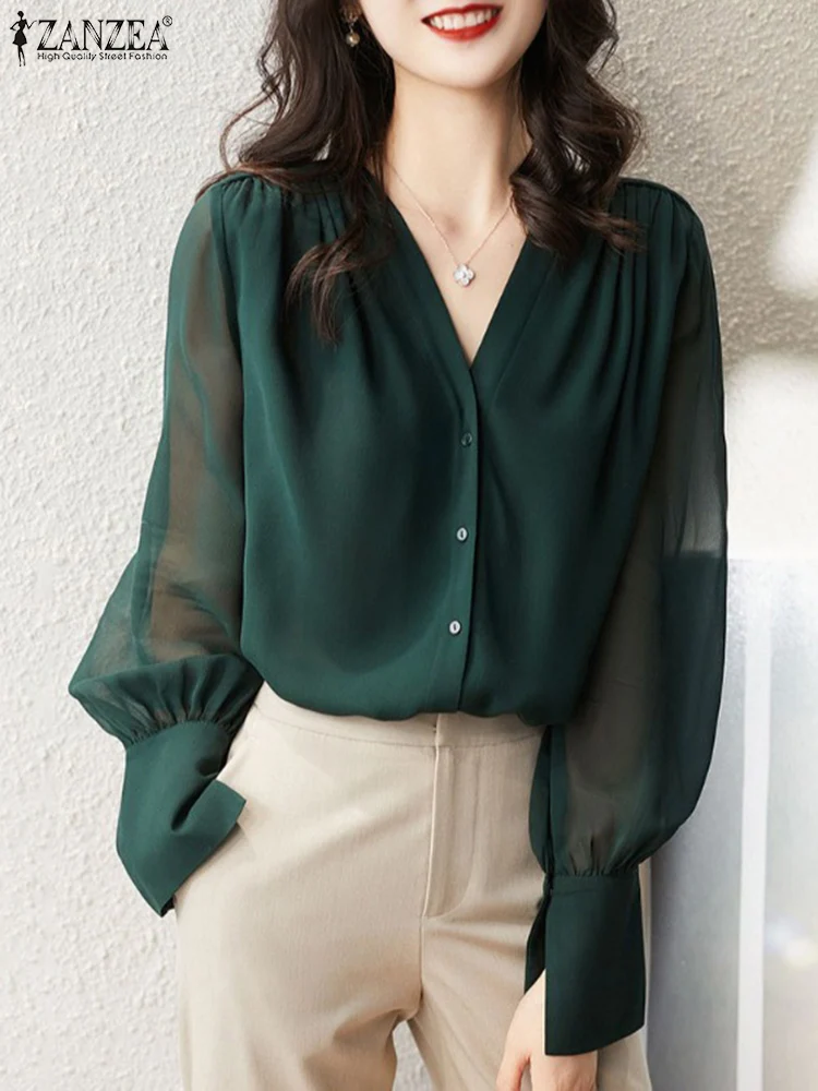 Top Trends: ZANZEA Casual Women Tops Fashion Long Lantern Sleeve Blouses Vintage V-Neck Sheer Shirts 2023 Autumn Elegant Buttons Chic Blusas Shoppable Styles