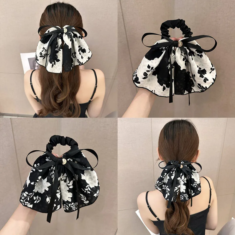 Top Trends: New Classy Women&#039;s Floating Ribbon Bow Ponytail Hair Ring Retro Ink Broken Flower Hairband Headband Girls Hair Accessories Gifts Shoppable Styles