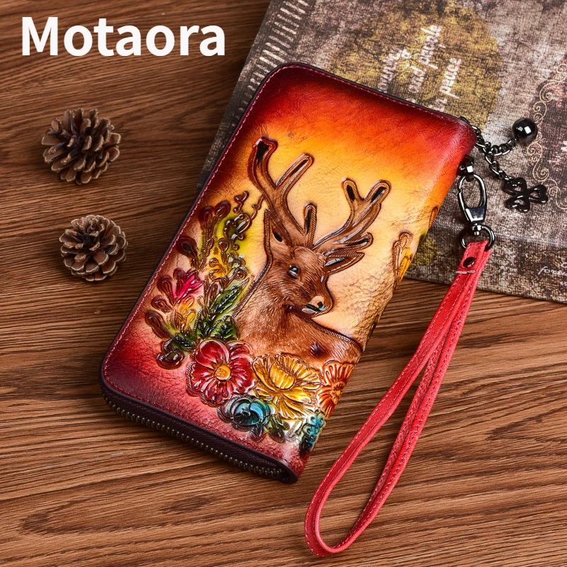 Top Trends: MOTAORA Vintage Women Long Wallets Deer Pattern Bag 2024 Genuine Leather Handmade Embossing Ladies Wallet Phone Bags Woman Purse Shoppable Styles