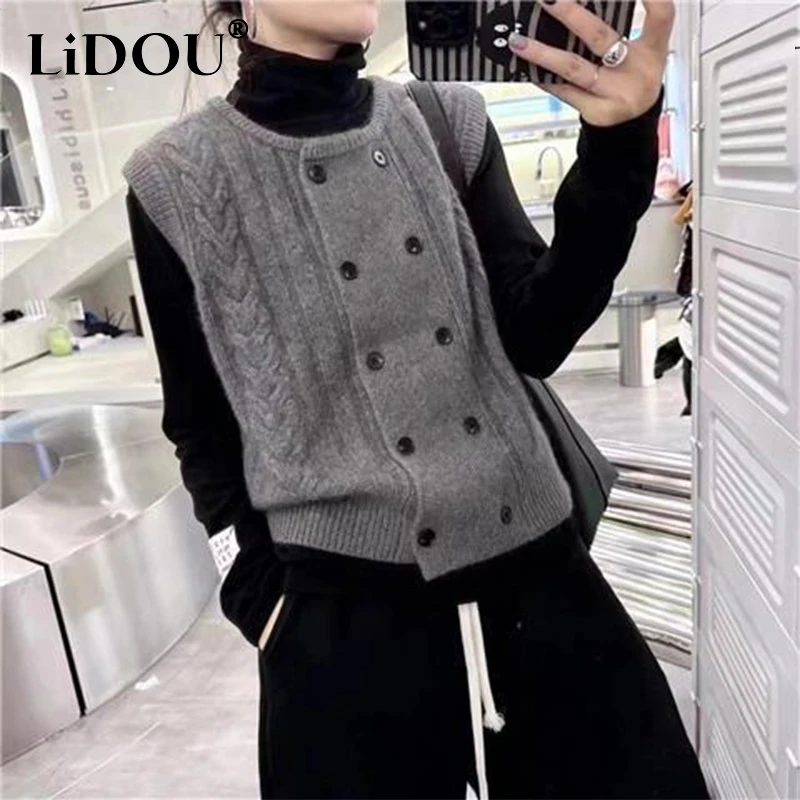 Top Trends: Autumn Winter Round Neck Double Breasted Knitted Vest Ladies Loose Casual All-match Cardigan Tank Top Women Sleeveless Sweater Shoppable Styles