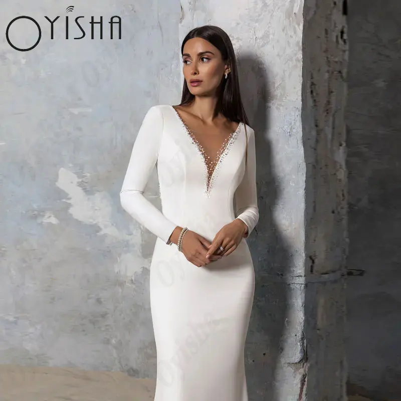 Top Trends: OYISHA Satin Mermaid Wedding Dresses V-Neck Long Sleeves Backless Bridal Gowns For Woman Appliques Exquisite Vestido De Mariages Shoppable Styles - Image 3