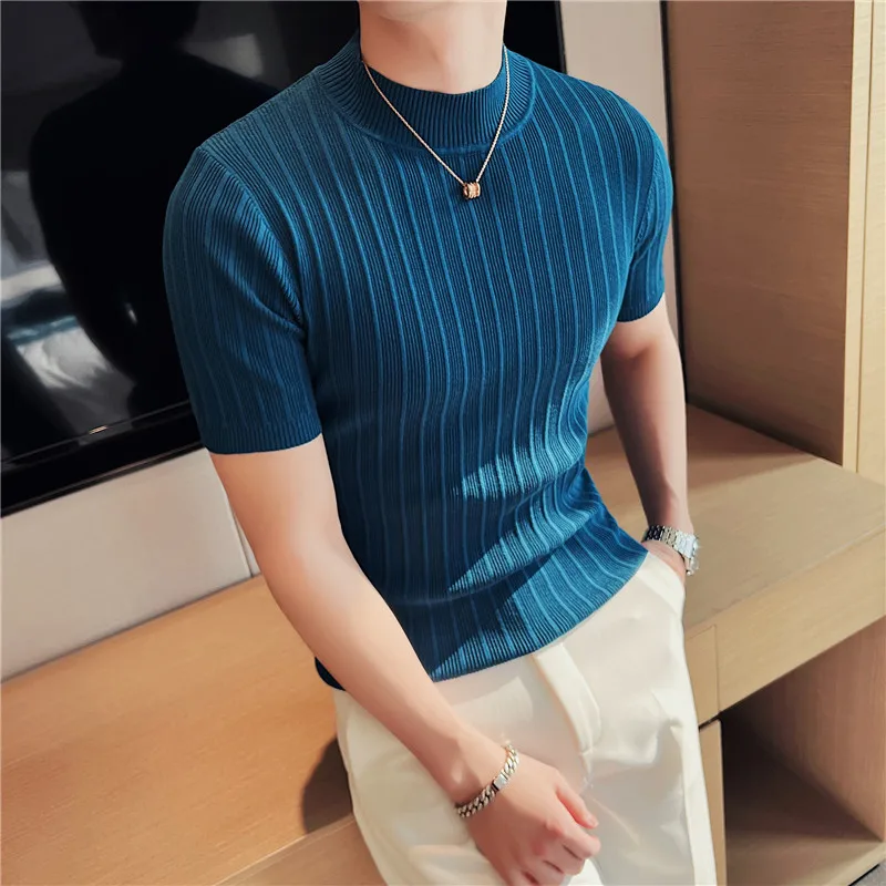 Top Trends: Men&#039;s High-End Casual Short Sleeve Knitting Sweater / Male High Collar Slim Fit Stripe Set Head Knit Shirts Plus Size S-4XL Shoppable Styles