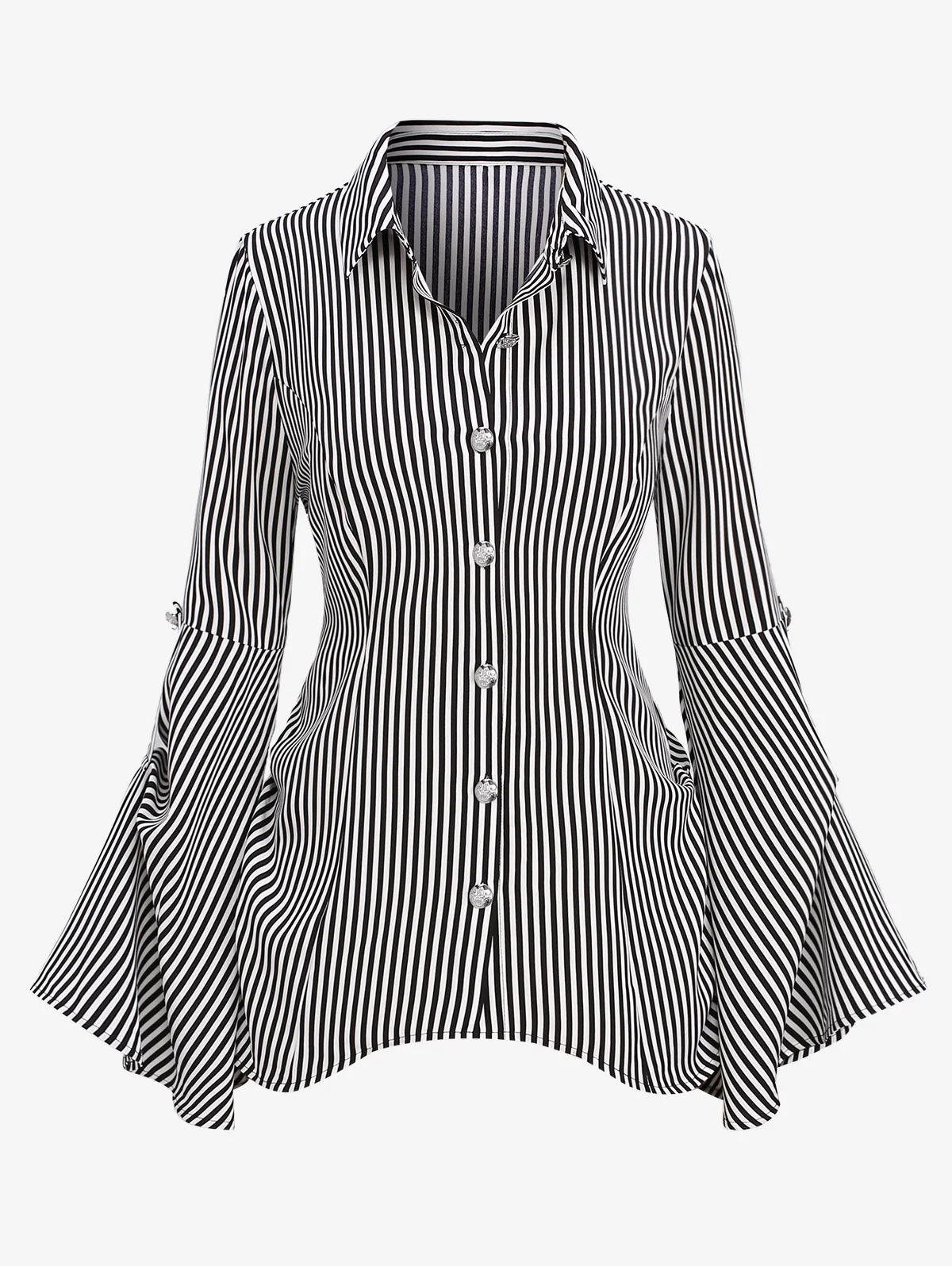 Top Trends: ROSEGAL Plus Size Gothic Striped Flare Sleeves Blouse Button Striped Back Ruched Lace Up Shirt New Women Tees Shoppable Styles