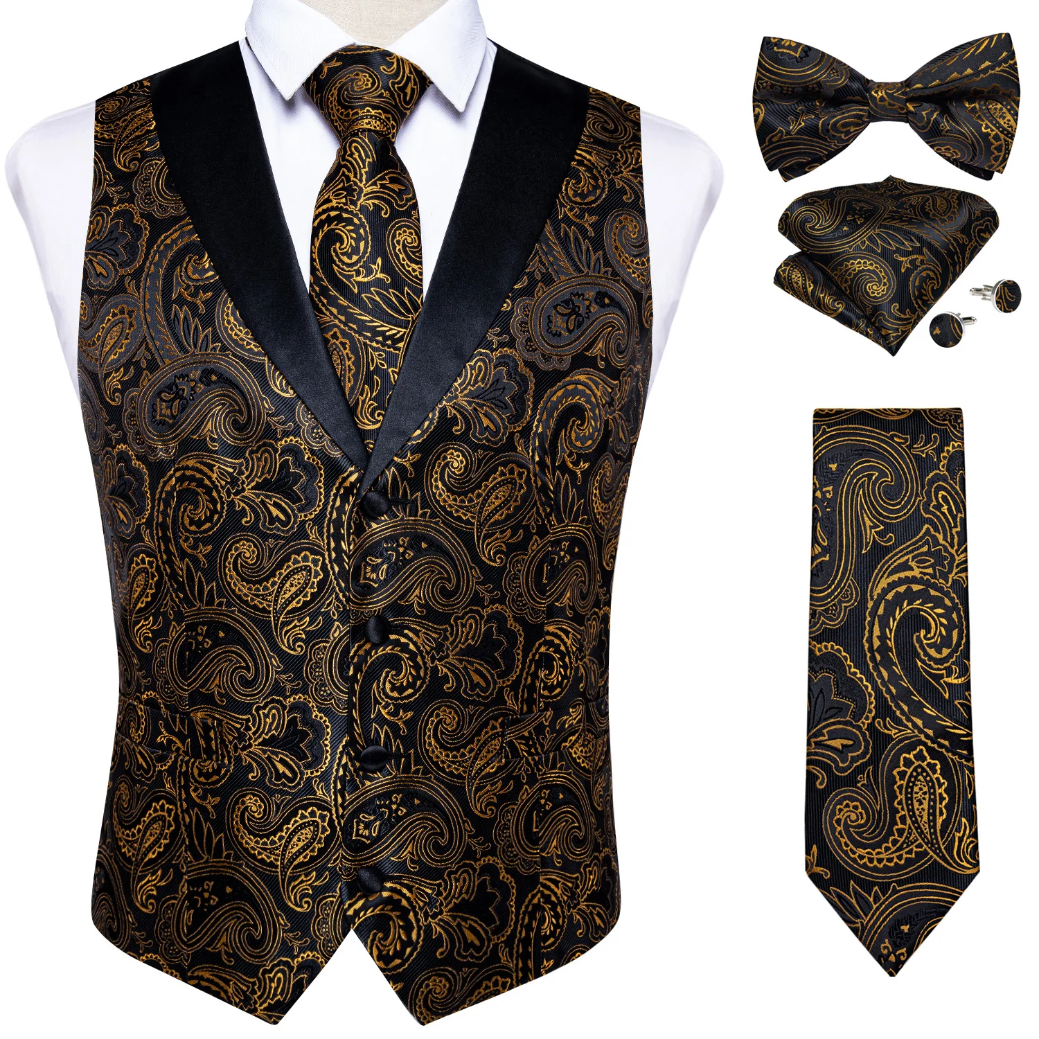 Top Trends: Brand Suit Vest Set For Men Luxury Silk Black Gold Paisley Dress Vest Tie Cufflinks Handkerchief Set Male Sleeveless Waistcoat Shoppable Styles