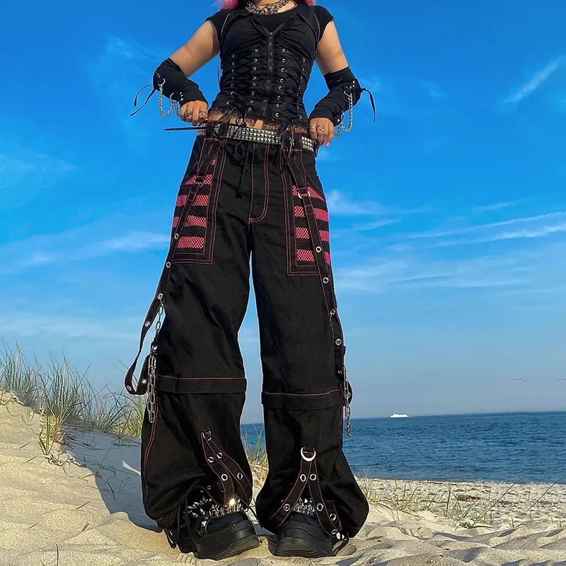 Top Trends: Gothic Punk Chain Bandage Wide Leg Pants 90s Baggy Pant Women Oversize Low Rise Y2k Academic Pants Streetwear E-girl Style Shoppable Styles