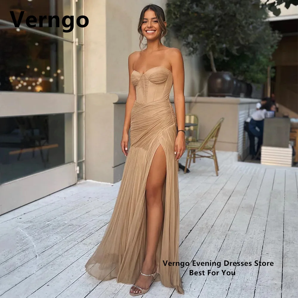 Top Trends: Verngo Brown Tulle Party Dress For Women Strapless Mermaid Prom Gowns Long Backless Trumpet Sexy Formal Prom Gowns Shoppable Styles