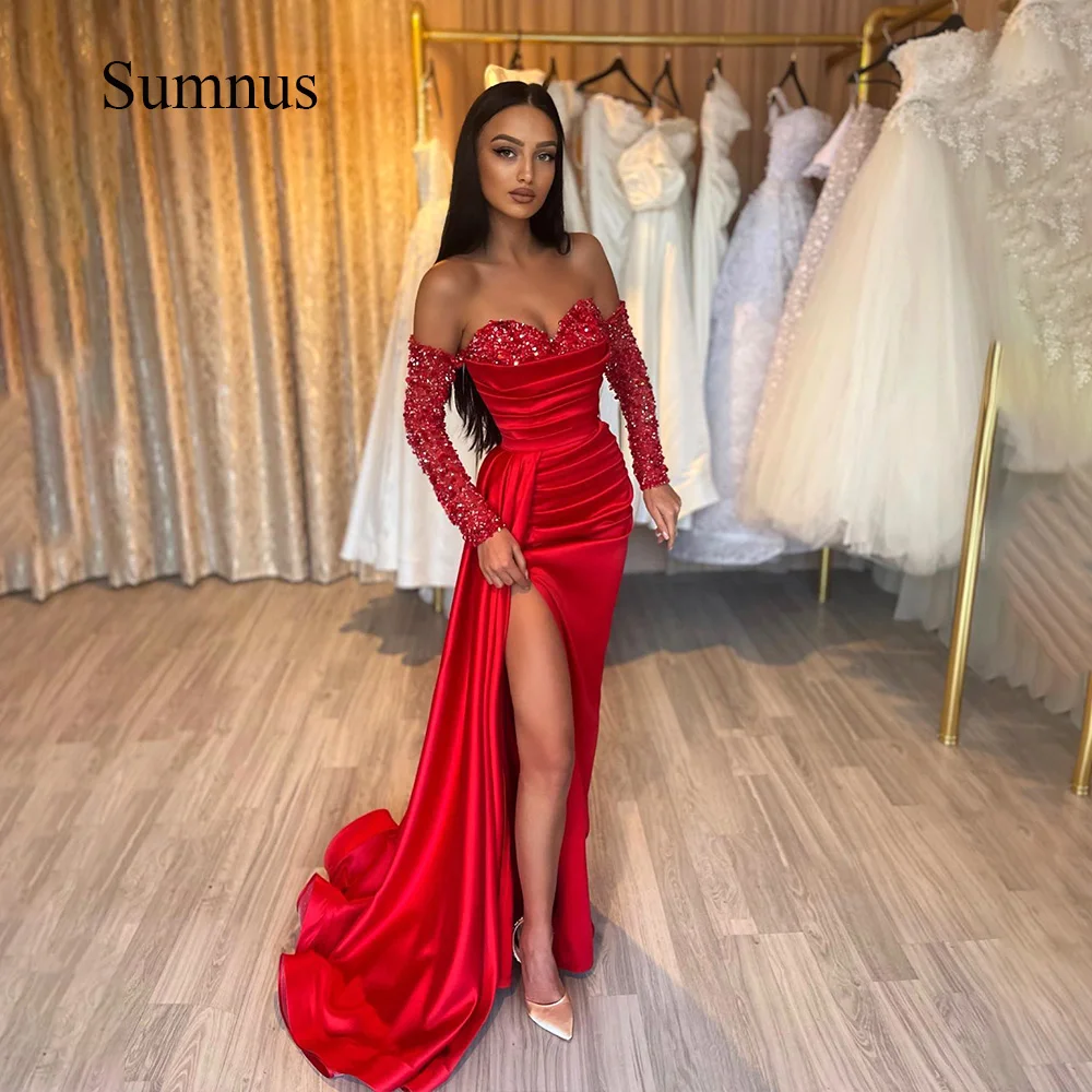 Top Trends: Sumnus Red Sexy Mermaid Evening Dresses Side Split Sequins Sweetheart Pleats Satin Prom Party Dress Robe De Soiree With Train Shoppable Styles