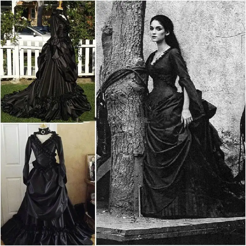 Top Trends: Vintage Victorian Wedding Dresses Gothic Black Bustle Ruched Civil War Southern Belle Bride Dress Vampire Long Sleeves Vestido Shoppable Styles