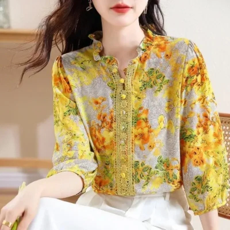 Top Trends: Spring And Summer New Women's Shirts Loose Fashion Casual Printing Pullover Half Neck Button Commuter Elegant Vacation Tops Shoppable Styles