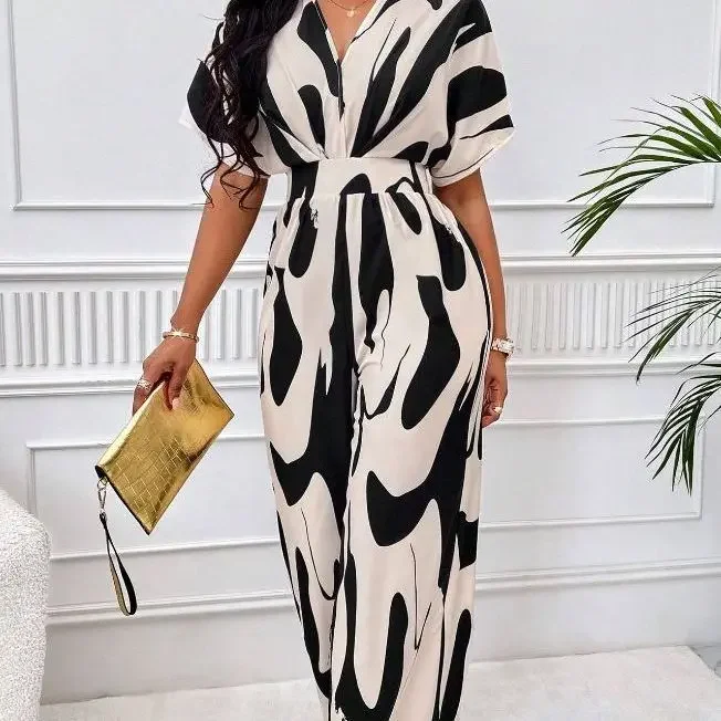 Top Trends: Wide Leg Jumpsuit Women 2023 Autumn And Winter Fashion Short Sleeved High Waist V-neck Full Body Printed Bat Sleeve Jump Suits Shoppable Styles