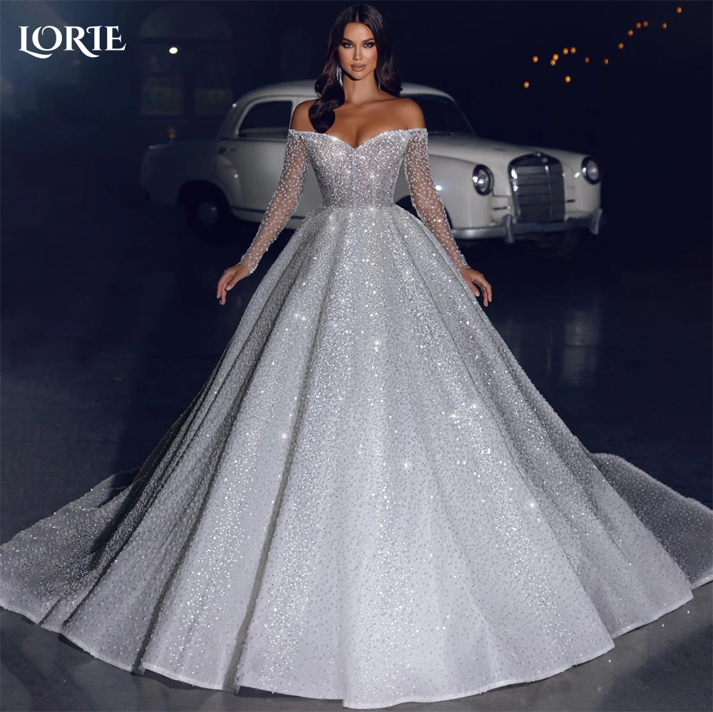 Top Trends: LORIE Arabia Glitter Princess Wedding Dresses Off Shoulder Sparkly Long Sleeves Bridal Gowns A-Line Dubai Pageant Bride Dress Shoppable Styles