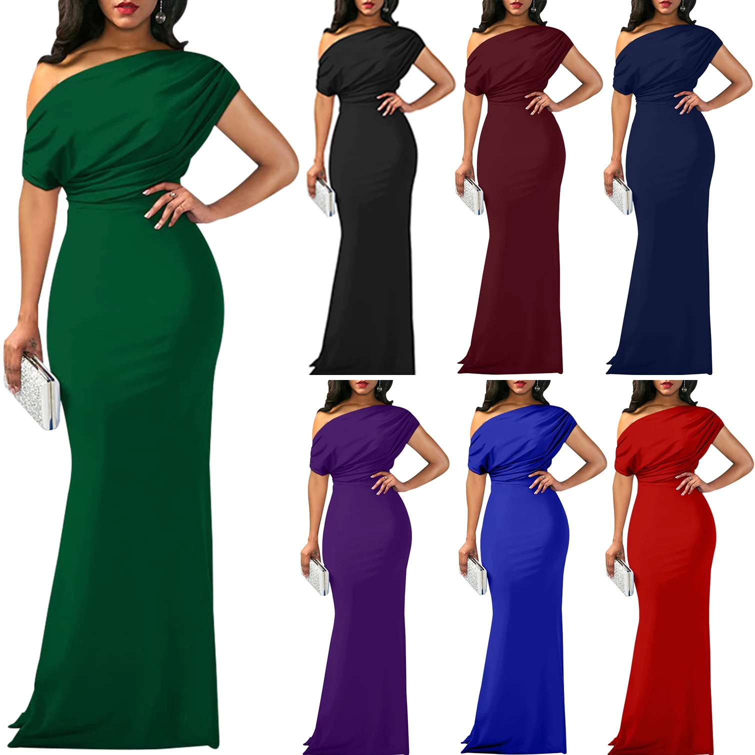 Top Trends: Women Oblique Shoulder Slim Folds Long Dress Elegant Evening Party Floor Length Dresses Vestido De Festa Shoppable Styles