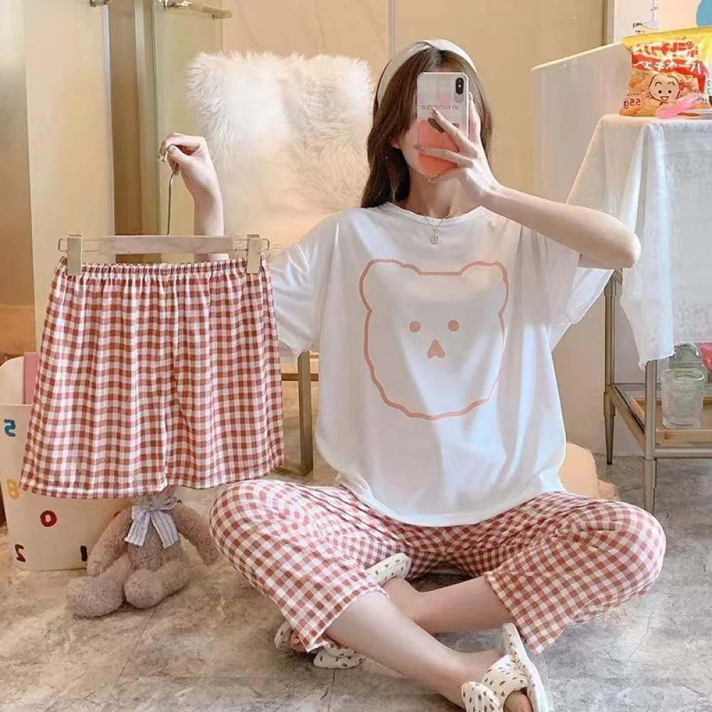 Top Trends: Women Pajama Set Casual Sleepwear Short Sleeve Pyjama 3 Piece Pjs Summer Cartoon Pijamas Mujer Female Loungewear Plaid Homewear Shoppable Styles