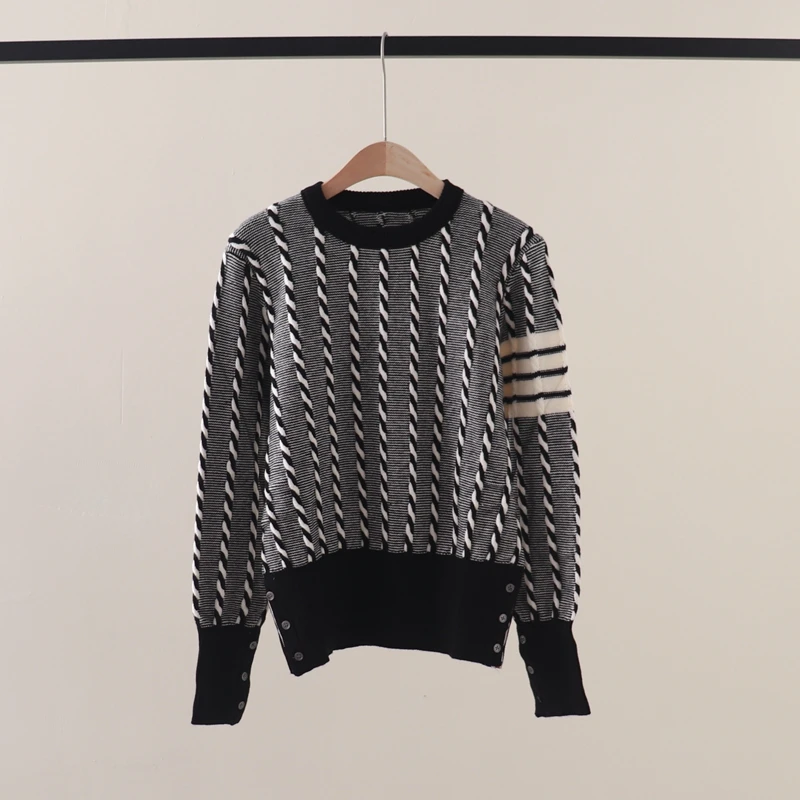 Top Trends: Autumn And Winter New Tb Color Contrast Four Bar Knitting Fried Dough Twists Round Neck Pullover Long Sleeve Knitwear Bottoming Shoppable Styles