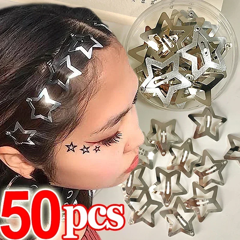 Top Trends: 2 / 50Pcs Y2K Silver Star Hair Clips For Girls Filigree Star Metal Snap Clip Hairpins Barrettes Hair Jewelry Nickle Free Bobby Pin Shoppable Styles