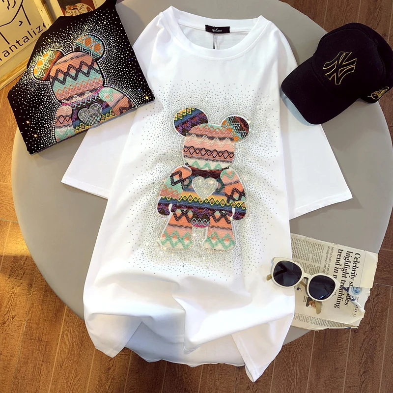 Top Trends: Woman Summer Oversize Tshirts O-neck Casual Loose Tee Harajuku Girls Short Sleeve White Black Bottom Cute Bear Embroidery Tops Shoppable Styles