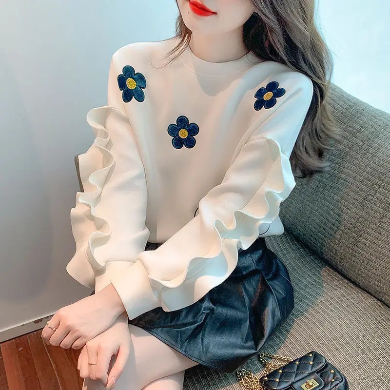 Top Trends: Fashion Korean Ruffles Spliced Round Neck Sweatshirts For Female 2023 Autumn Loose All-match Long Sleeve Tops Women&#039;s Clothing Shoppable Styles