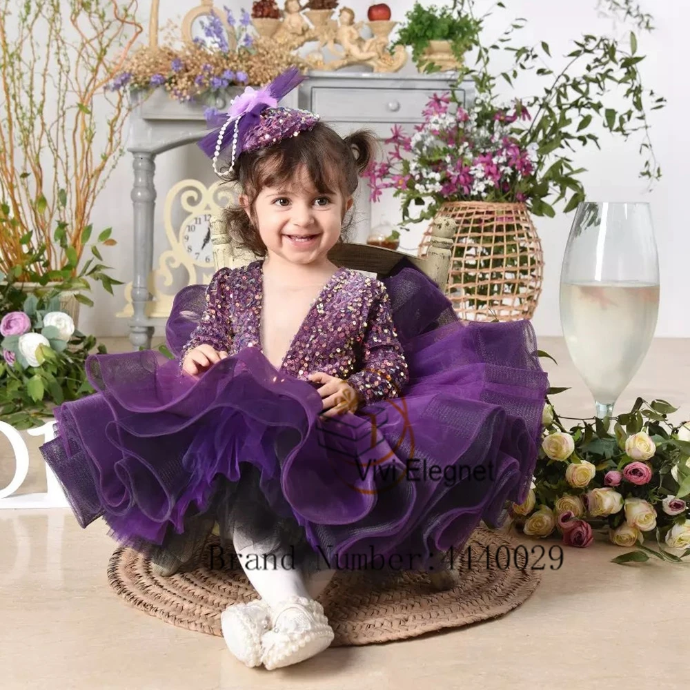 Top Trends: Cute Purple Flower Girl Dresses With Velour Sequined Full Sleeve Wedding Party Gowns V Neck فساتين اطفال للعيد Tutu 2023 Summer Shoppable Styles