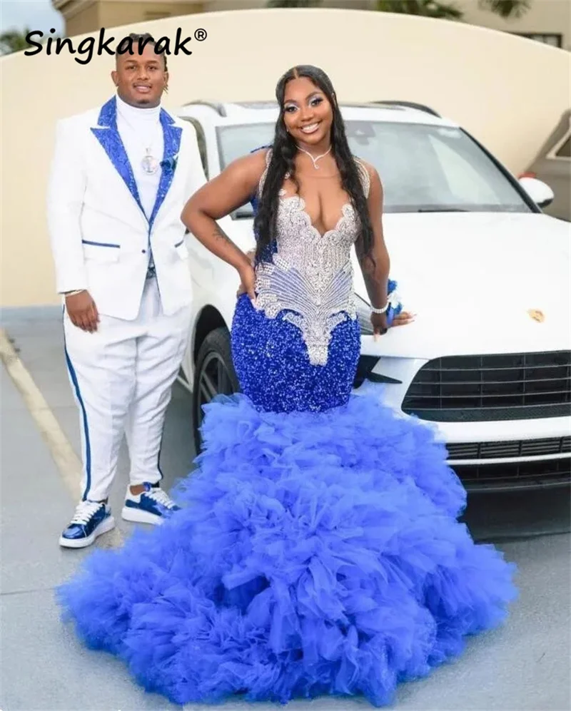 Top Trends: Sparkly Diamonds Royal Blue Prom Dresses 2024 For Black Girls Beads Crystals Rhinestones Ruffle Evening Party Gown Vestidos Shoppable Styles