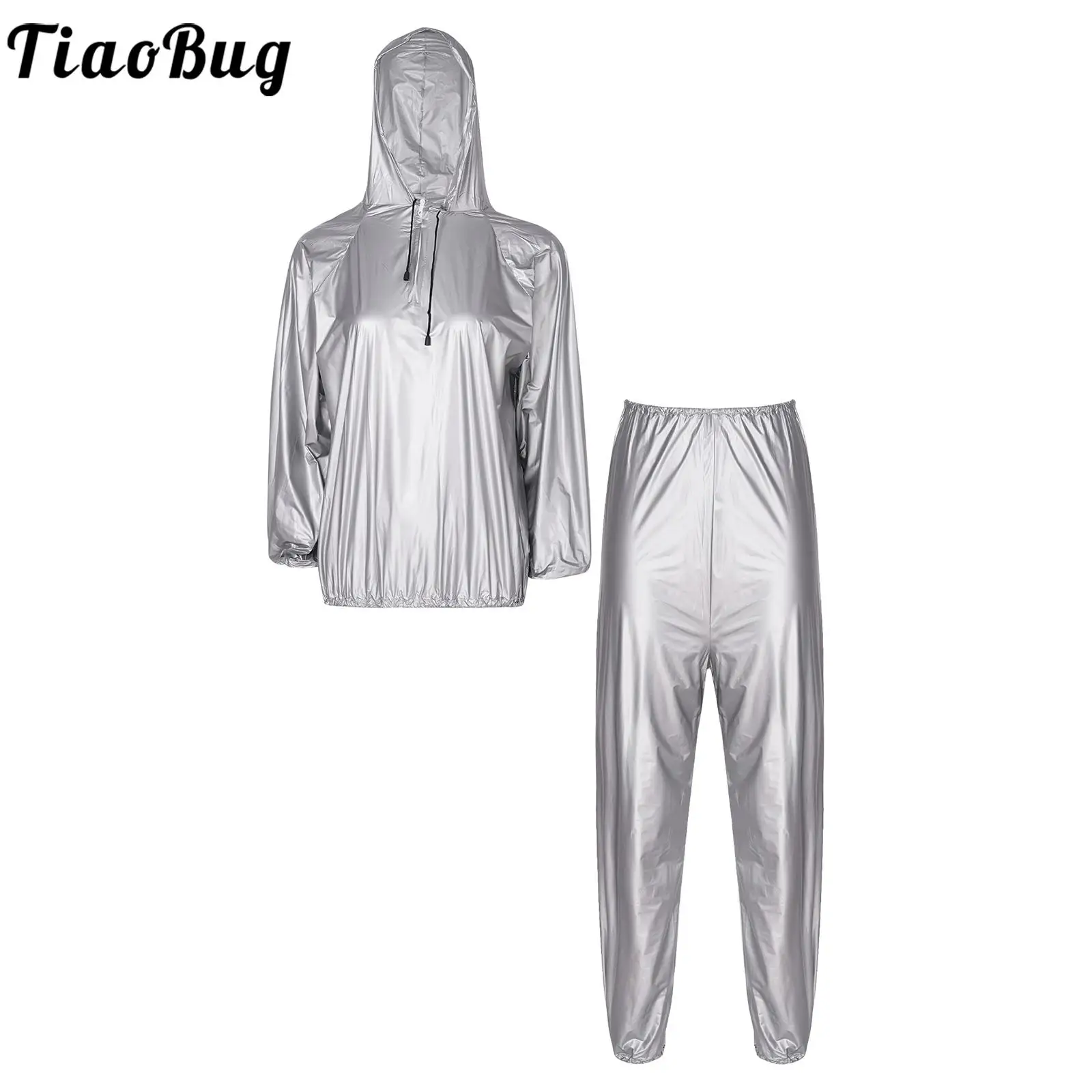 Top Trends: Unisex Mens Womens PVC Sports Suit Fitness Workout Outfits 2PCS Long Sleeve Zipper Drawstring Hooded Tops With Pants For Running Shoppable Styles