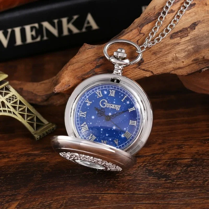 Top Trends: Starry Blue Dial Roman Numerals Quartz Pocket Watch Smooth Black / Silver Full Hunter Retro Pendant Watches Reloj De Bolsillo Shoppable Styles