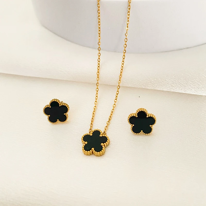 Top Trends: 2pcs / set Flower Stainless Steel Pendant Necklace Earrings For Women 2023 Trending Clover New In Fashion Jewelry Set Accessories Shoppable Styles