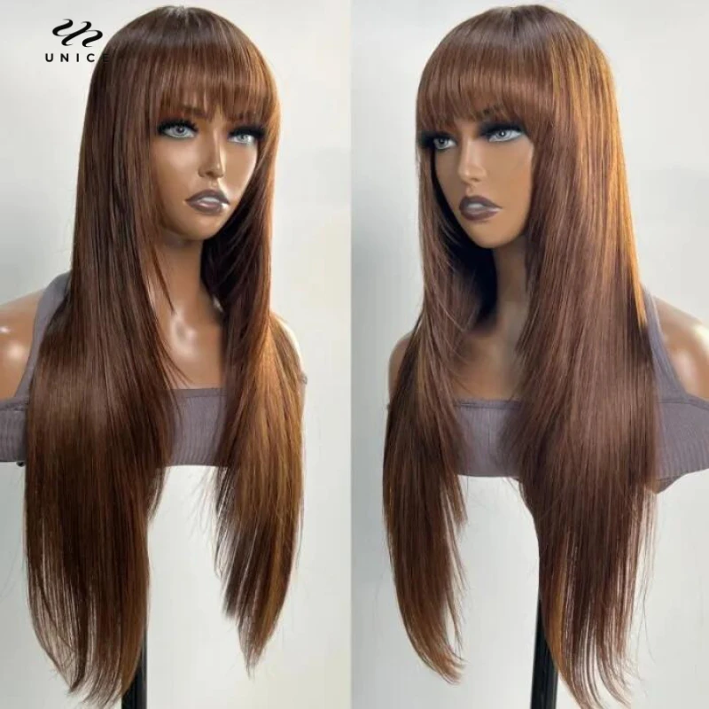 Top Trends: UNice Layer Cut Mocha Medium Brown Glueless Beginner Friendly Straight Wig With Bangs Wear And Go Cap Soft & Smooth Virgin Hair Shoppable Styles - Image 3