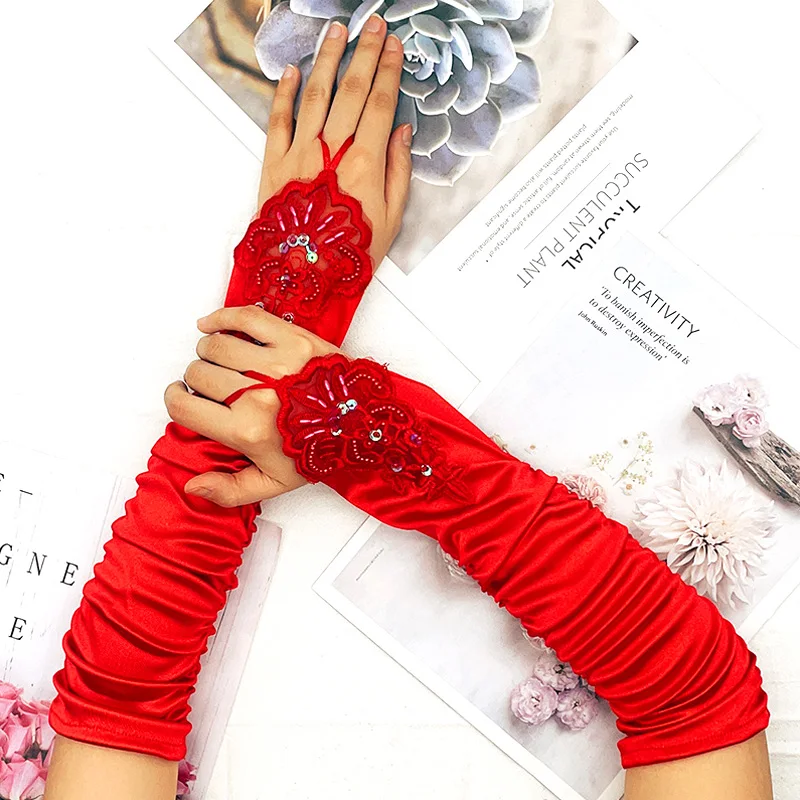 Top Trends: Women Elegant Pearl Flower Gloves Fingerless Pleated Satin Long Gloves Elastic Stage Performance Arm Sleeves Wedding Party Glove Shoppable Styles