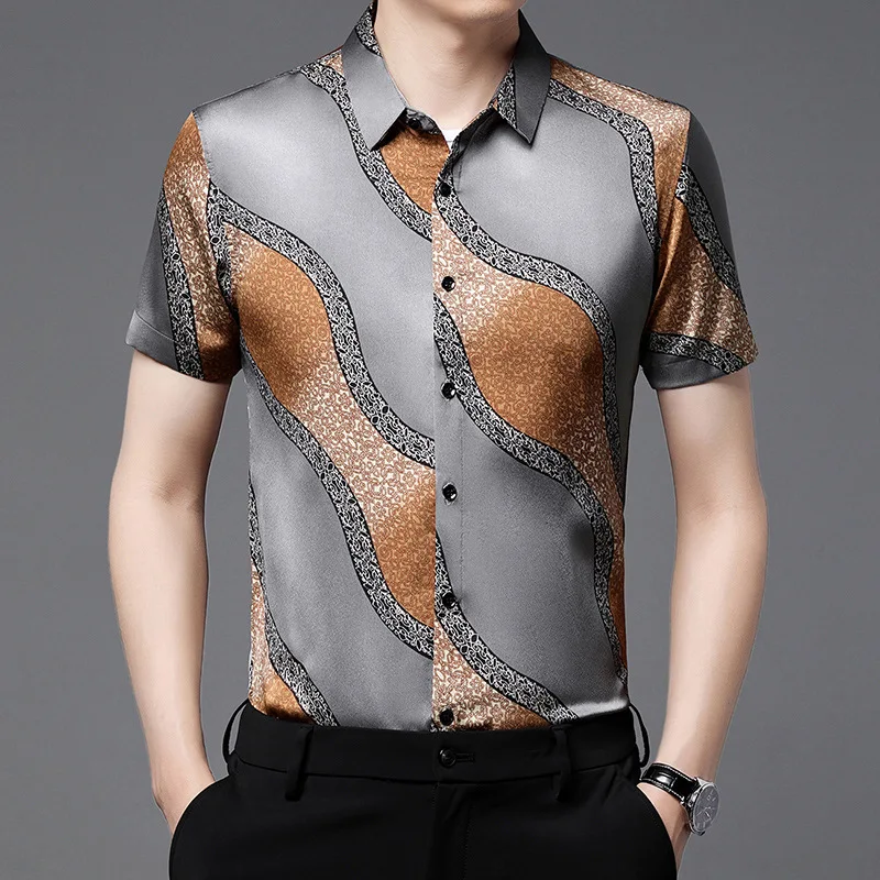 Top Trends: 2023 Summer New Men&#039;s Clothing Turn-down Collar Short Sleeve Shirt Button Printing Stripe Fashion Loose Casual T-shirt Tops Shoppable Styles