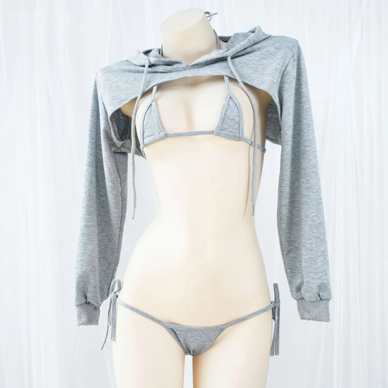 Top Trends: Amine Backless Hooded Long Sleeve Bikini Set Sexy Japanese Three Point Swimsuit Girls Mini Underwear Student Costume Cosplay Shoppable Styles