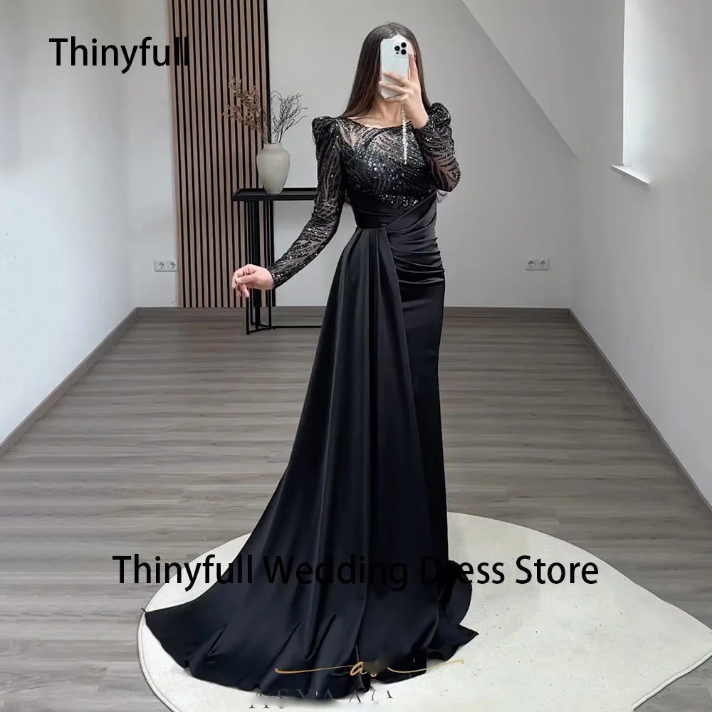 Top Trends: Thinyfull Black Mermaid Prom Party Dresses Long Sleeve Beading Evening Dresses Satin Celebrity Gown Formal Dresses For Women Shoppable Styles