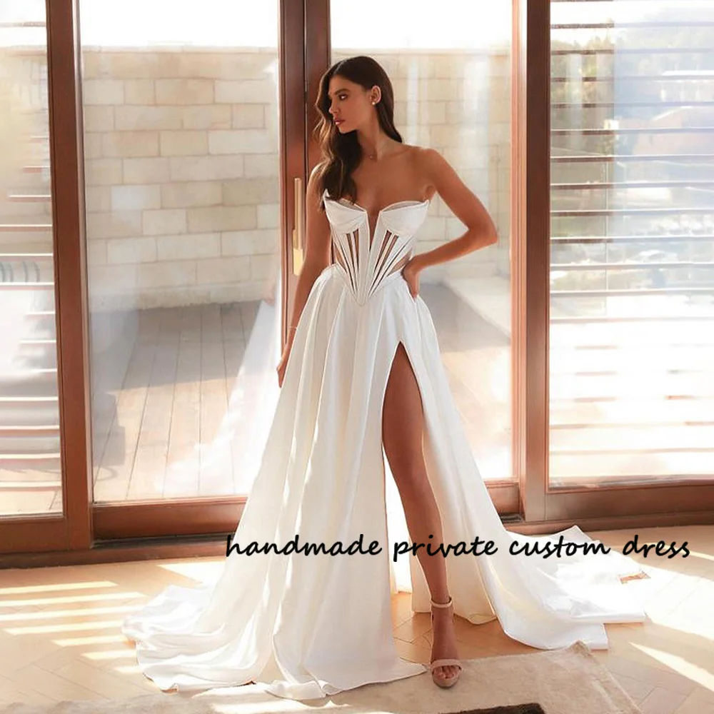 Top Trends: Vintage A Line Wedding Dresses Sexy Sweetheart High Split Boho Bride Dress Pleats Satin Long Beach Wedding Gowns Shoppable Styles