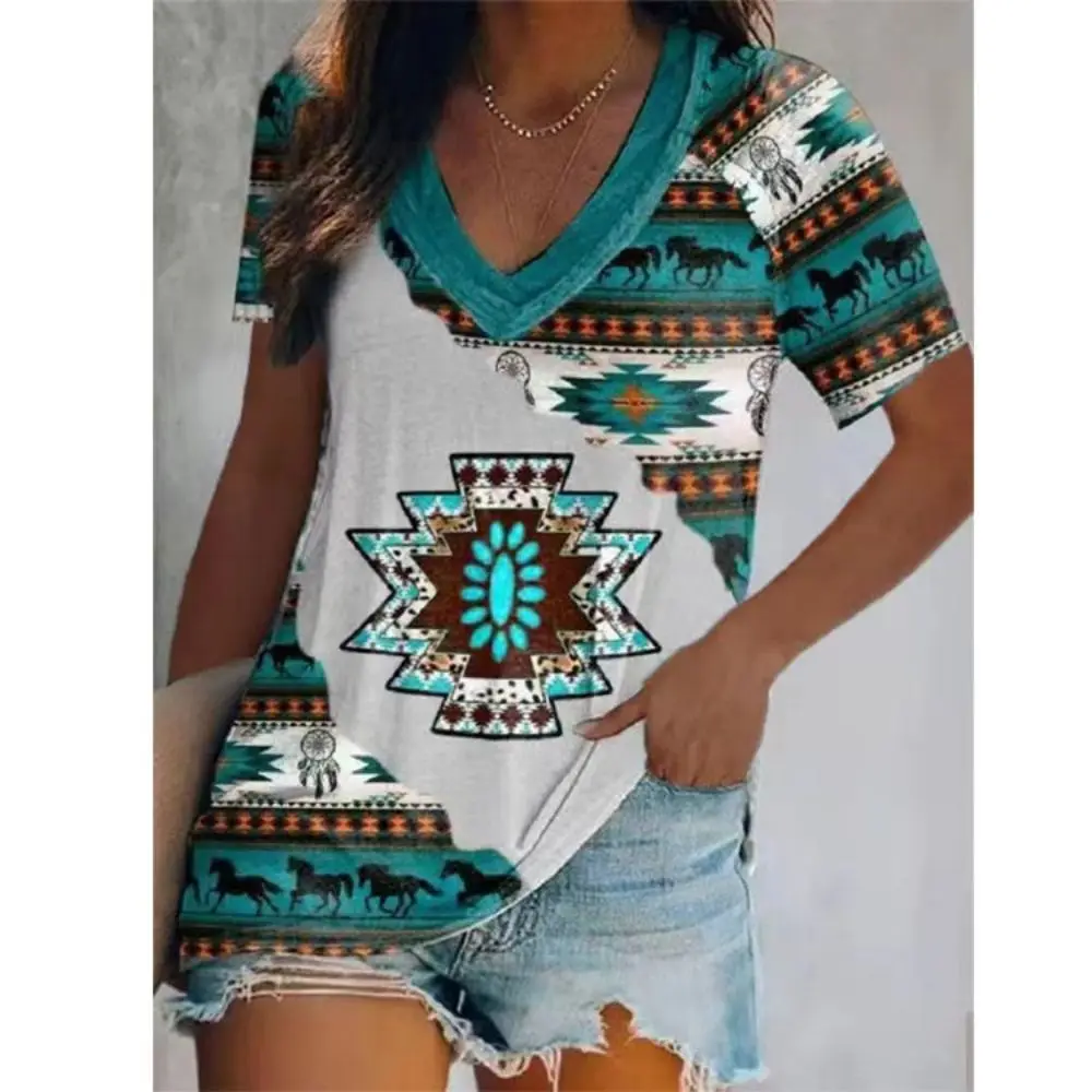 Top Trends: Vintage Women&#039;s T-shirt Tribal Print Harajuku Clothing V-neck Oversized Short Sleeve Tees Female Plaid Graphic Pullover Blouse Shoppable Styles