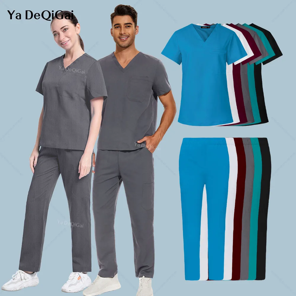 Top Trends: Multicolor Scrub Set Nurse Uniform Short Sleeve Top Straight Pants Women Men Nursing Workwear Doctor Clinical Scrub Suit Medical Shoppable Styles