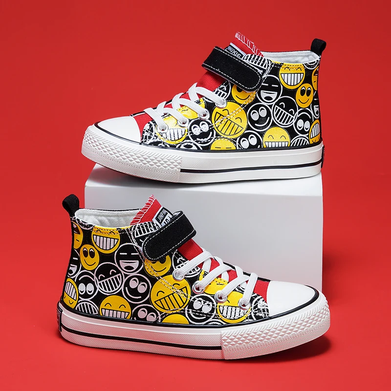 Top Trends: 2022 Spring Fashion Smile Print High-top Boys Shoes Platform Canvas Sneakers Girls Child Vulcanized Shoes For Kids 7-12 Year Old Shoppable Styles